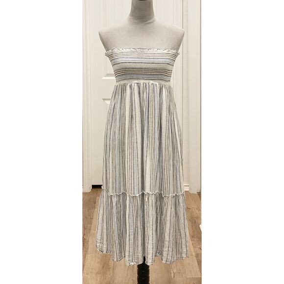 AQUA Striped Smocked Linen Midi Dress with Tie Straps Size Small - Picture 3 of 7